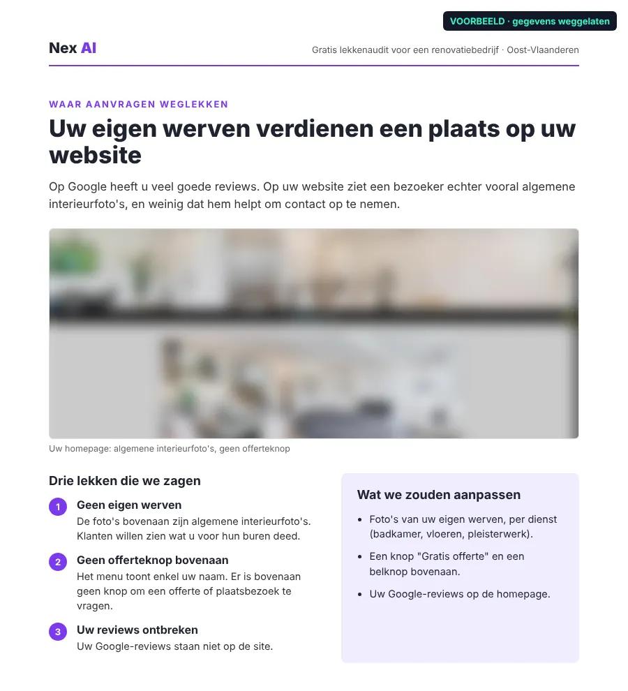 Voorbeeld van een lekkenaudit: kop 'Uw eigen werven verdienen een plaats op uw website', een vervaagde schermafbeelding van de homepage, drie genummerde lekken en een kader met wat we zouden aanpassen.
